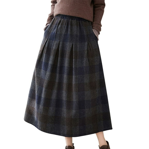 Women's Wool Skirt Vintage Plaid Skirt Fashion Elegant Elastic High Waist Knee-Length Pleated Midi Skirt with Pocket