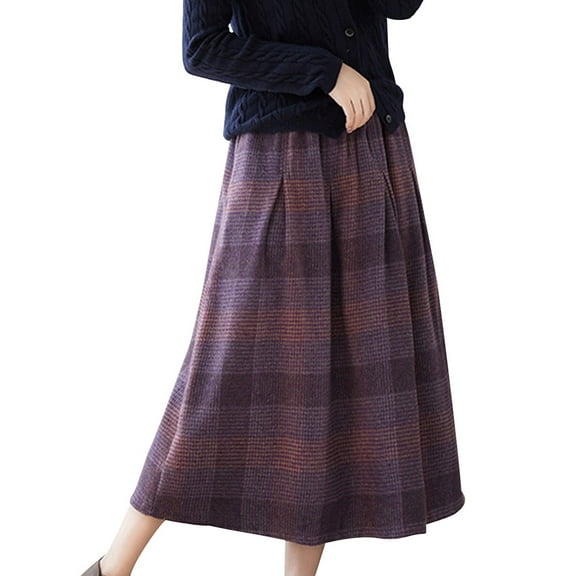 Women's Wool Skirt Vintage Plaid Skirt Fashion Elegant Elastic High Waist Knee-Length Pleated Midi Skirt with Pocket