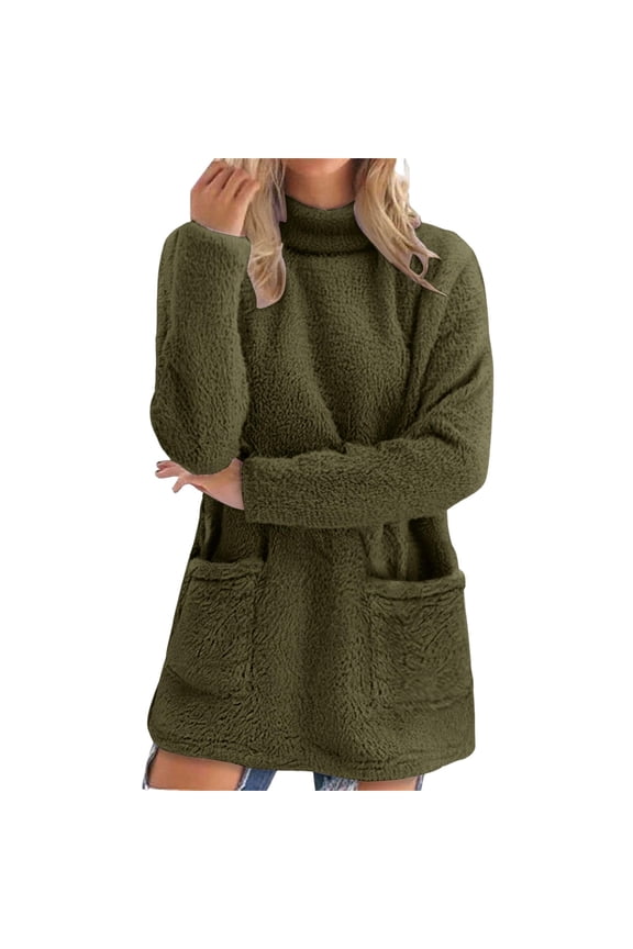 Women's Wool Sweatshirt Turtleneck Autumn and Winter Warm Sweater Waist Pullover with Pockets