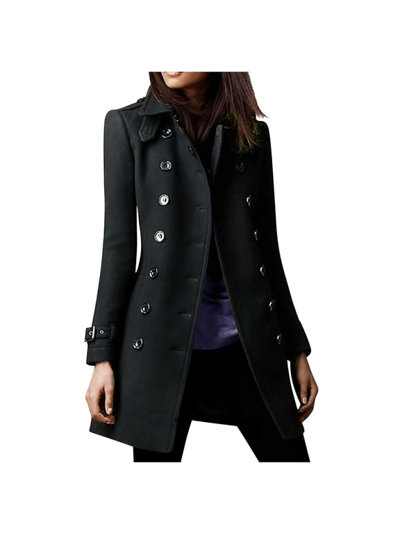 Women's Wool Trench Coat Winter Long Thick Overcoat Walker Coats Long Sleeve V-neck Woolen Overcoat Solid Color Button Overcoat Clearance Black M