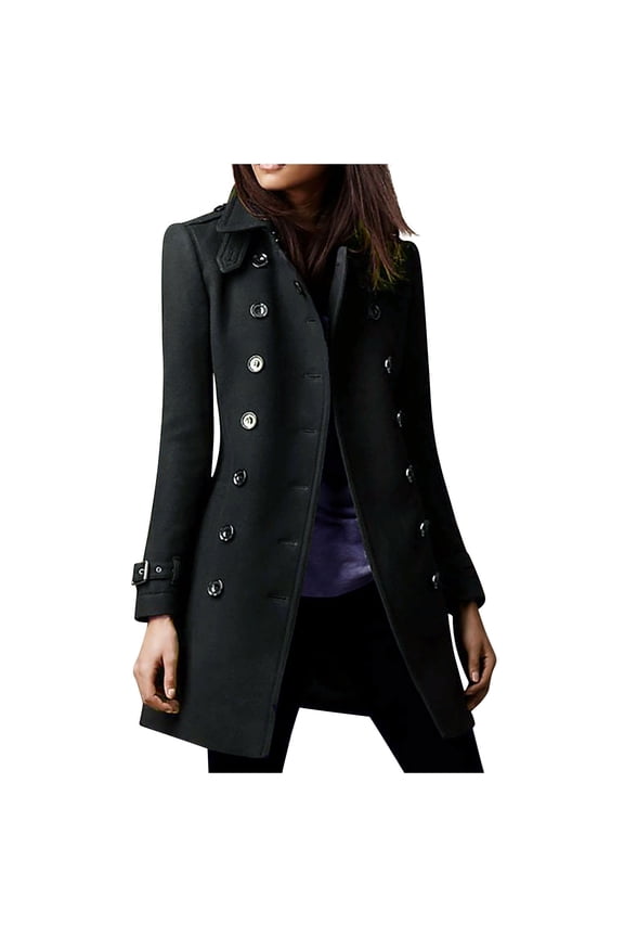 Women's Wool Trench Coat Winter Long Thick Overcoat Walker Coats Long Sleeve V-neck Woolen Overcoat Solid Color Button Overcoat Clearance Black S