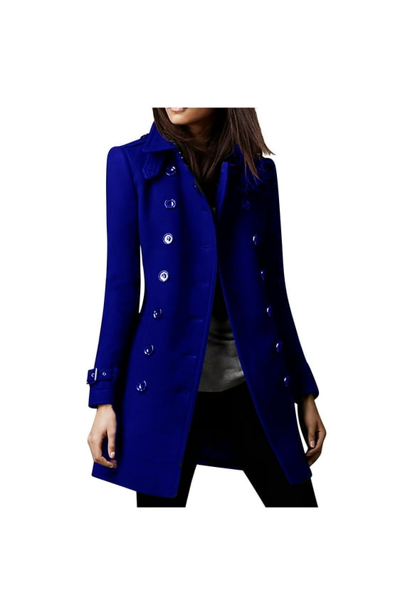 Women's Wool Trench Coat Winter Long Thick Overcoat Walker Coats Long Sleeve V-neck Woolen Overcoat Solid Color Button Overcoat Clearance Blue M