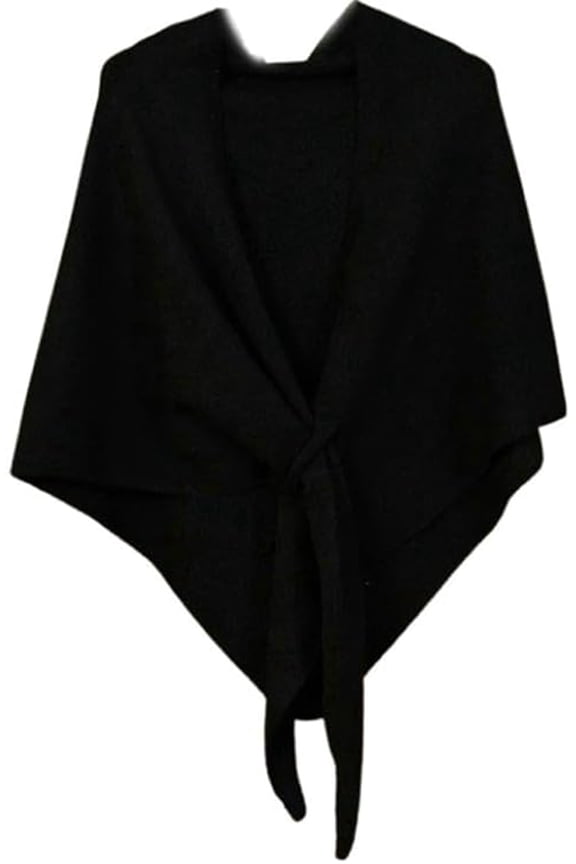 Women's Wool Triangle Striped Scarf Shawl Solid Color Wrap Tie Up Knotted Design Fall Winter Cozy Knitted Cross Cape Black