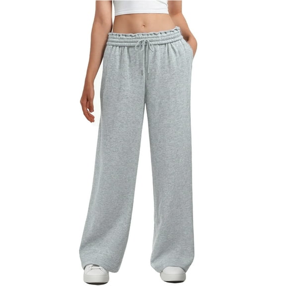 Women's Wool Wide-Leg Sweatpants with Internal Drawstring High Waist - Winter Warm Straight-Cut Sports Pants with Pockets for Comfortable Athletic and Casual Wear,Light Gray,S