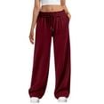 thumbnail image 1 of Women's Wool Wide-Leg Sweatpants with Internal Drawstring High Waist - Winter Warm Straight-Cut Sports Pants with Pockets for Comfortable Athletic and Casual Wear,Wine,L, 1 of 3