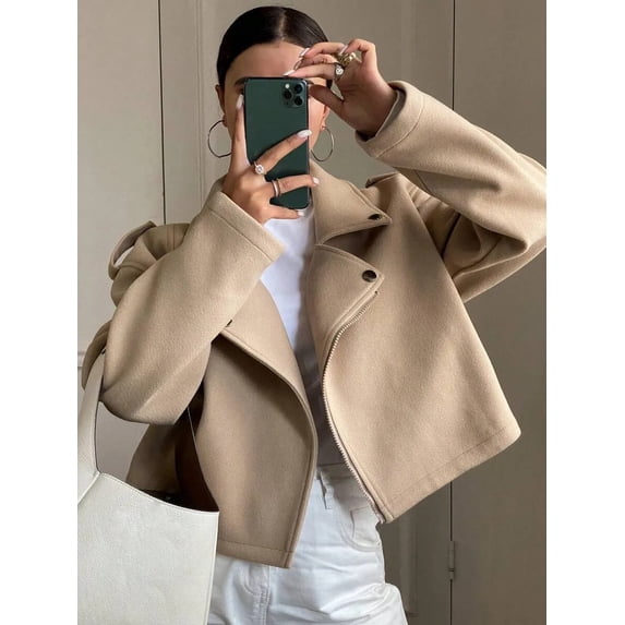 Women's Woolen Blend Cropped Biker Moto Jacket Fall Winter Loose Large Lapel Trench Coat