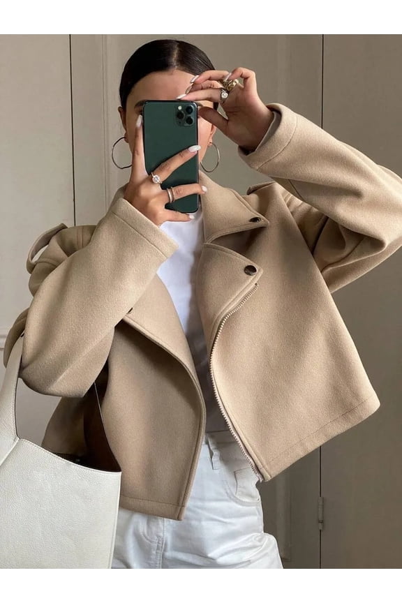 Women's Woolen Blend Cropped Biker Moto Jacket Fall Winter Loose Large Lapel Trench Coat