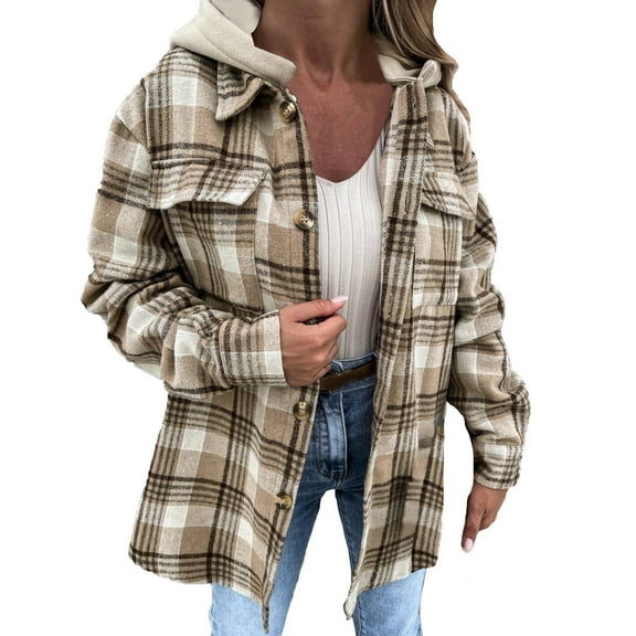 Women's Woolen Blend Plaid Hoodies Coats Long Sleeve Button Down Warm Cozy Shirts Coats Outwear with Removable Hats