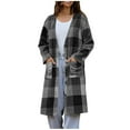 thumbnail image 1 of Women's Woolen Coat Long Sleeve Lapel Collar Plaid Button Down Cardigan Jacket with Pockets Gray M, 1 of 6