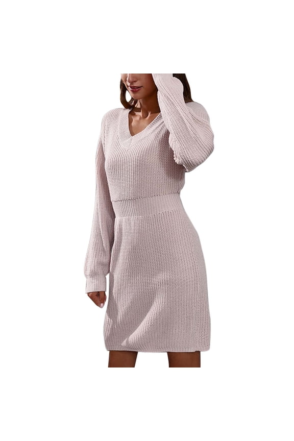 Women's Woolen Knitted Sweater Dress V Neck Shoulder Drop Long Sleeve Waistband Elegant Winter Autumn Casual Outfit