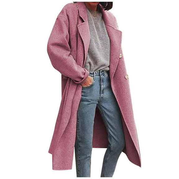 Women's Woolen Overcoat Notched Lapel Double Breasted Oversized Wool Blend Trench Coat