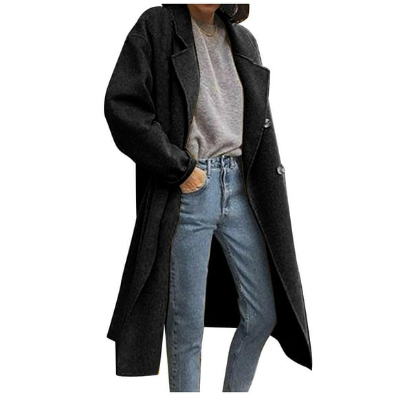 Women's Woolen Overcoat Notched Lapel Double Breasted Oversized Wool Blend Trench Coat