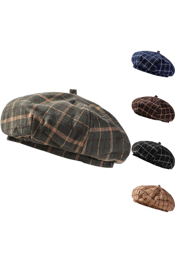 Women's Woolen Plaid Beret Hat, Belle Painter Cap England Retro Beret, Artistic Style Hat for Fall Winter Fashion, Slouchy Knit Cap for Women and Girls-Black