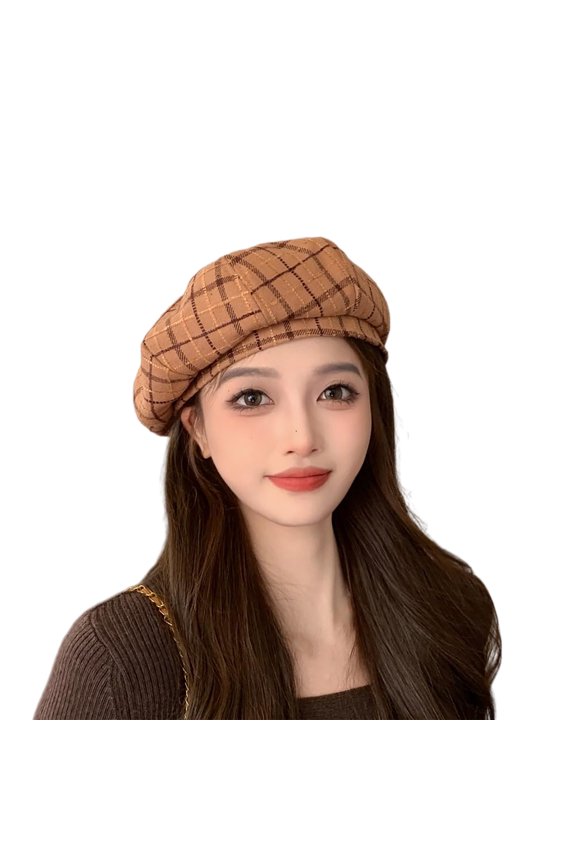 Women's Woolen Plaid Beret Hat, Belle Painter Cap England Retro Beret, Artistic Style Hat for Fall Winter Fashion, Slouchy Knit Cap for Women and Girls-Khaki