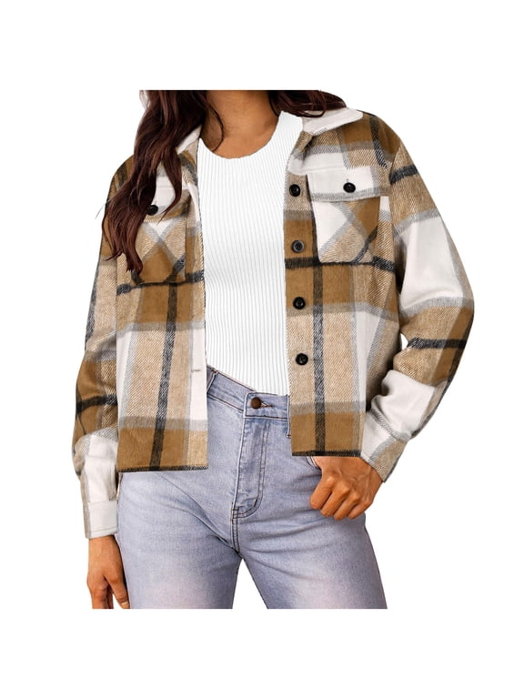 Women's Woolen Plaid Shirt Crop Jackets Lapel Button Up Long Sleeve Pockets Flannel Shackets Casual Fall Fashion (2XL, Khaki)