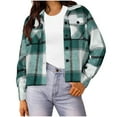 thumbnail image 1 of Women's Woolen Plaid Shirt Crop Jackets Lapel Button Up Long Sleeve Pockets Flannel Shackets Casual Fall Fashion (2XL, Mint Green), 1 of 5
