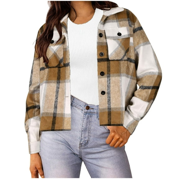 Women's Woolen Plaid Shirt Crop Jackets Lapel Button Up Long Sleeve Pockets Flannel Shackets Casual Fall Fashion (XL, Khaki)