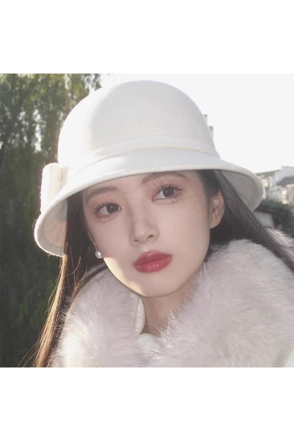 Women's Woolen Top Hat, Round Top Fisherman Bucket Hat, Internet Famous Versatile Retro British Style Basin Hat for Women Daily Outdoor Wear(White One Size)