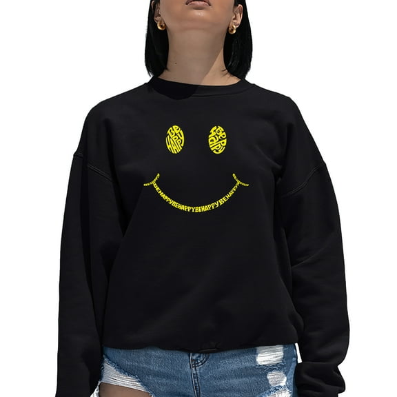 Women's Word Art Crewneck Sweatshirt - Be Happy Smiley Face