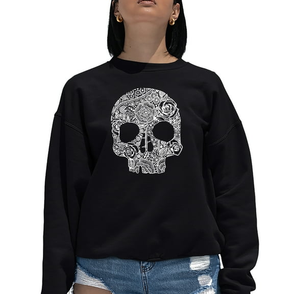 Women's Word Art Crewneck Sweatshirt - Flower Skull