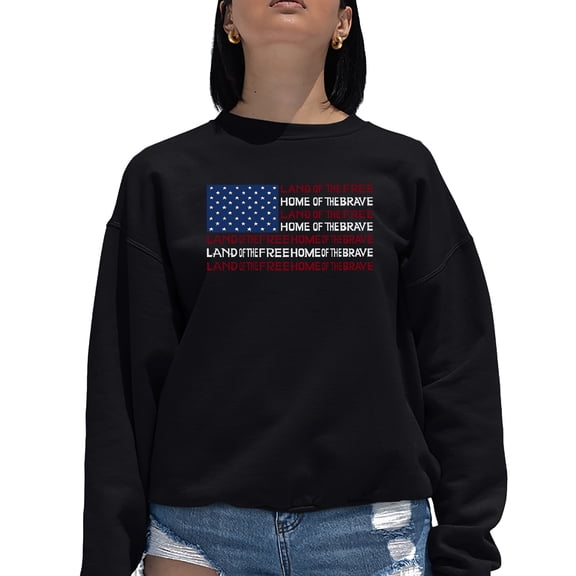 Women's Word Art Crewneck Sweatshirt - Land of the Free American Flag