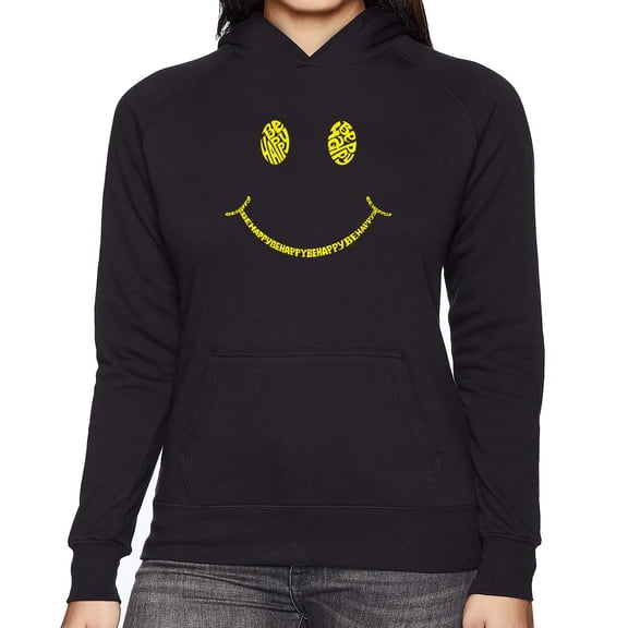 Women's Word Art Hooded Sweatshirt - Be Happy Smiley Face