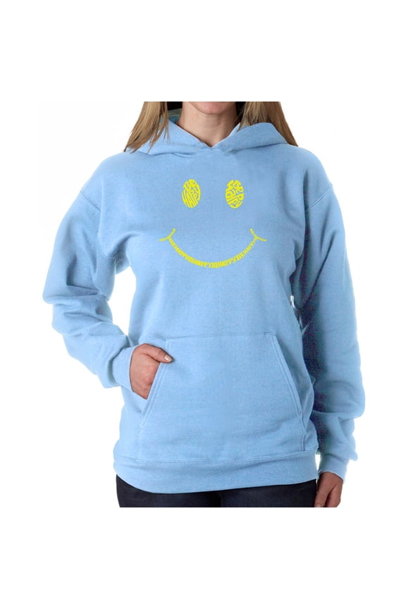 Women's Word Art Hooded Sweatshirt - Be Happy Smiley Face