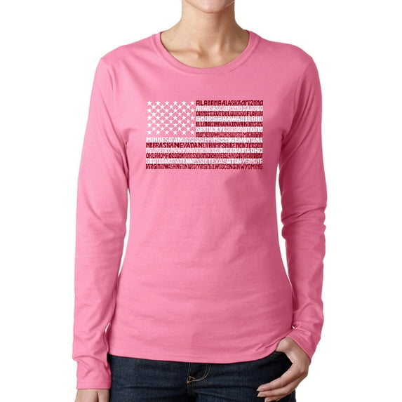 Women's Word Art Long Sleeve T-Shirt - 50 States USA Flag