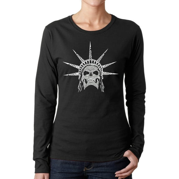 Women's Word Art Long Sleeve T-Shirt - Freedom Skull