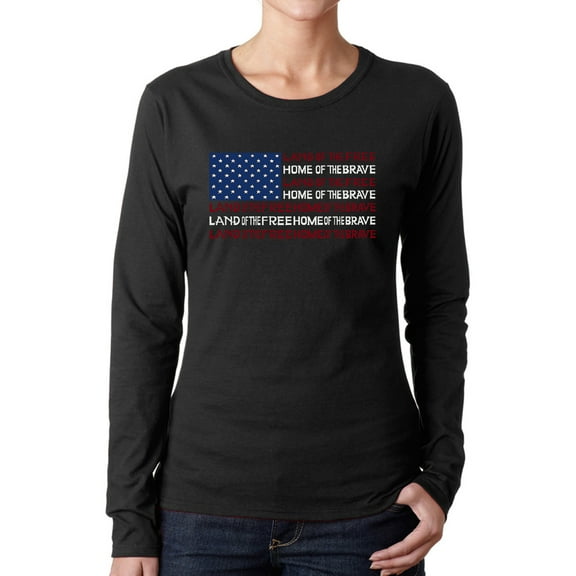 Women's Word Art Long Sleeve T-Shirt - Land of the Free American Flag