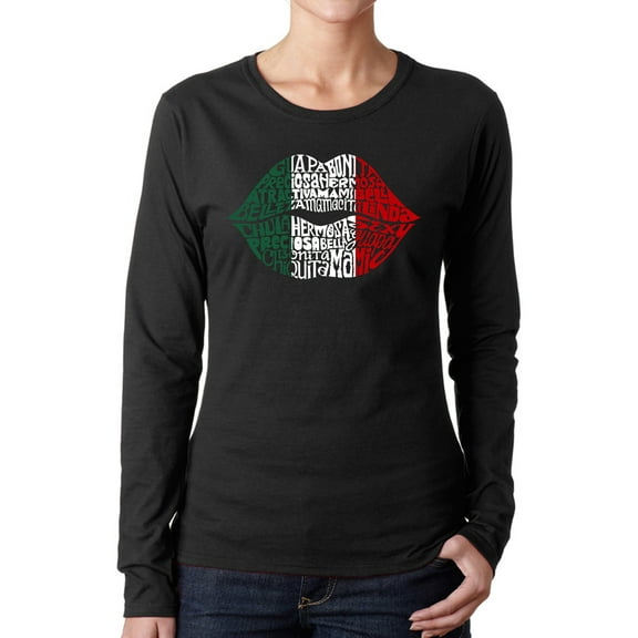 Women's Word Art Long Sleeve T-Shirt - Latina Lips