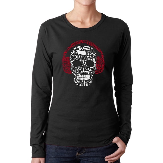 Women's Word Art Long Sleeve T-Shirt - Music Notes Skull