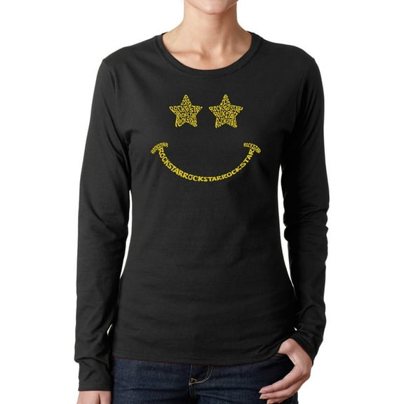 Women's Word Art Long Sleeve T-Shirt - Rockstar Smiley
