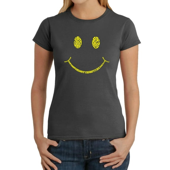 Women's Word Art T-Shirt - Be Happy Smiley Face
