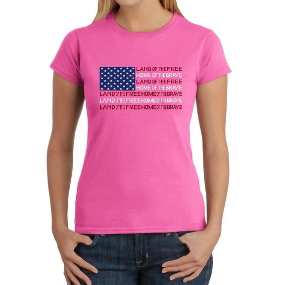 Women's Word Art T-Shirt - Land of the Free American Flag