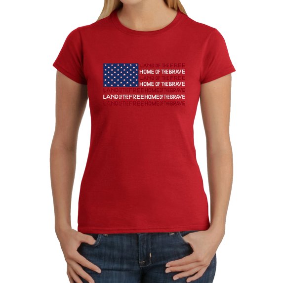 Women's Word Art T-Shirt - Land of the Free American Flag