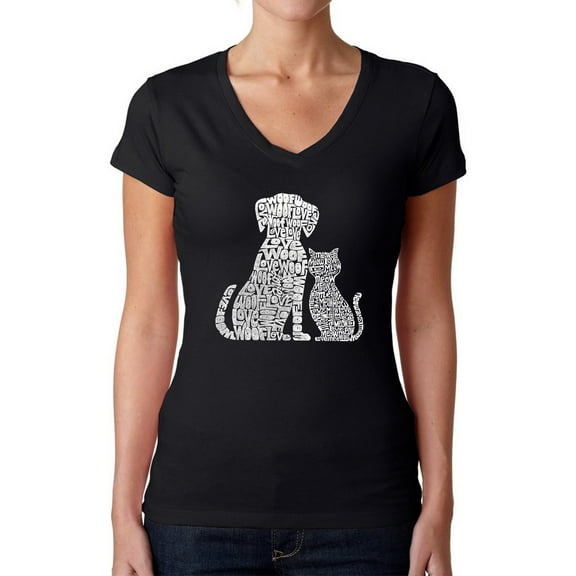 Women's Word Art V-Neck T-Shirt - Dogs and Cats