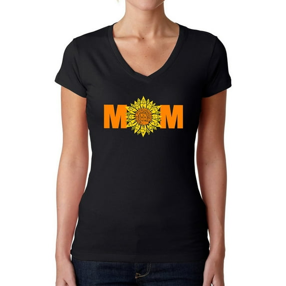 Women's Word Art V-Neck T-Shirt - Mom Sunflower