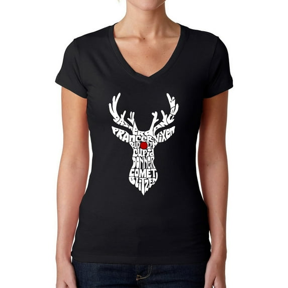 Women's Word Art V-Neck T-Shirt - Santa's Reindeer
