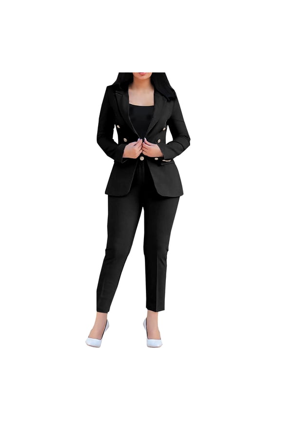 Women's Work 2 Piece Set Classic Solid Color Business Office Outfits Slim Fit Blazer Jackets Pant Suits for Women (Black L)