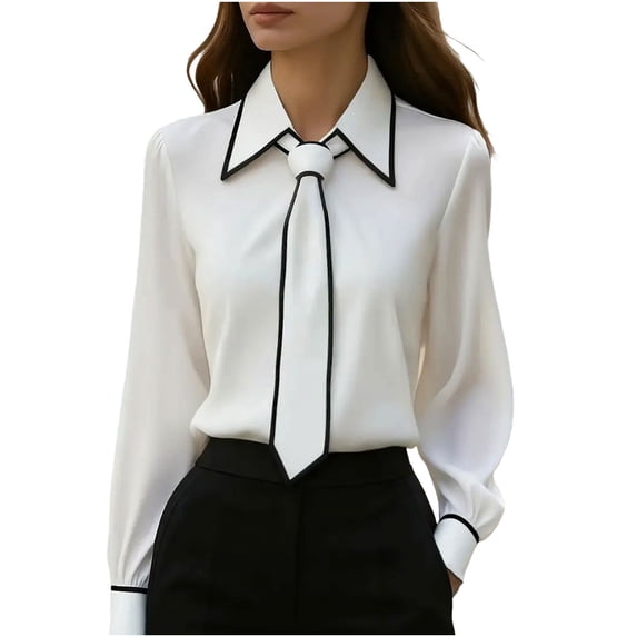 Women's Work Blouse Tie Neck Long Sleeve Shirts Button Down Elegant Formal Outfits Office Business Top (XL, White)