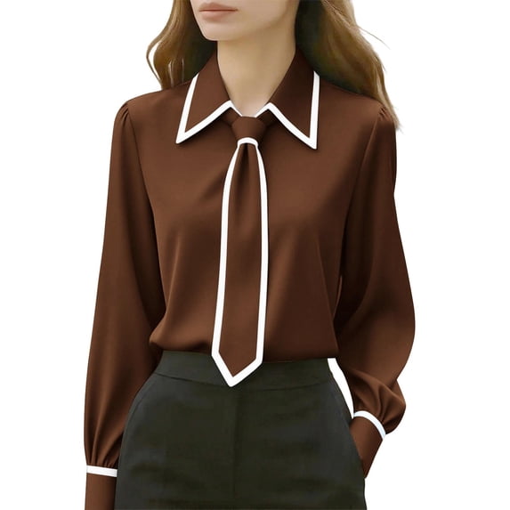 Women's Work Blouse Tie Neck Long Sleeve Shirts Button down Elegant Formal Outfits Office Business Top (2XL, Coffee)