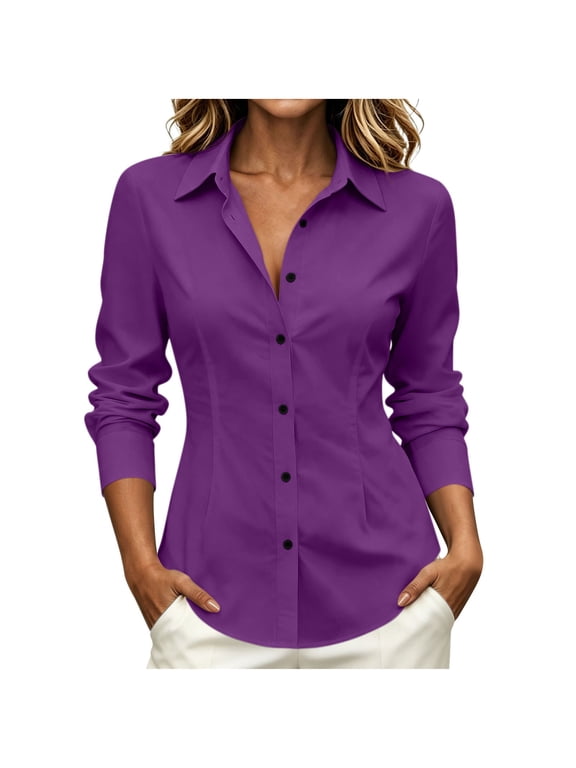 Women's Work Button Down Shirts Long Sleeve Business Work Blouses Office Collared Tunic Tops Purple, S