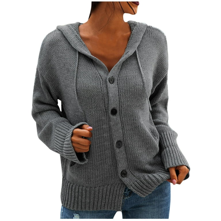 Hooded solid casual loose long buttons sweaters hotsell