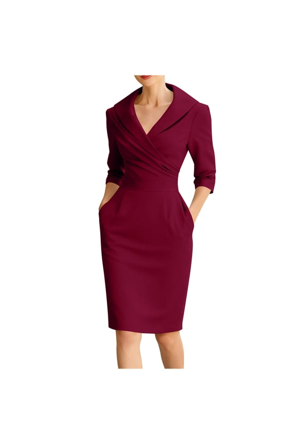 Women's Work Dress 3/4 Sleeve V Neck Church Teacher Business Office Wear to Work Sheath Suit Dresses with Pockets