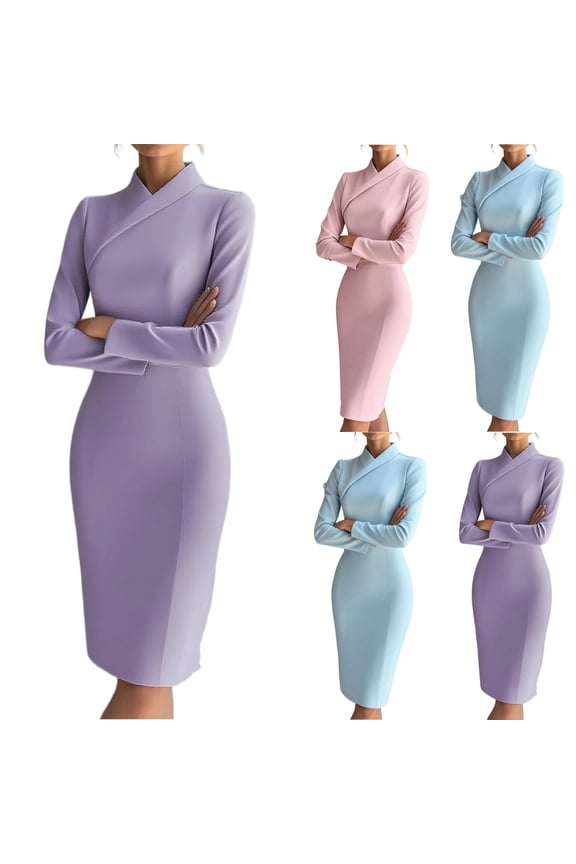 Women's Work Dress Office Dress Long Sleeve Mock Neck Solid Color Slim Fit Pencil Midi Dress for Commuting Spring Fall,Pink,L