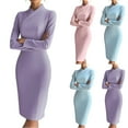 thumbnail image 1 of Women's Work Dress Office Dress Long Sleeve Mock Neck Solid Color Slim Fit Pencil Midi Dress for Commuting Spring Fall,Sky Blue,L, 1 of 4