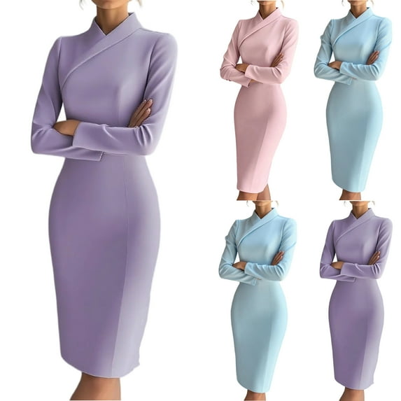 Women's Work Dress Office Dress Long Sleeve Mock Neck Solid Color Slim Fit Pencil Midi Dress for Commuting Spring Fall,Sky Blue,L