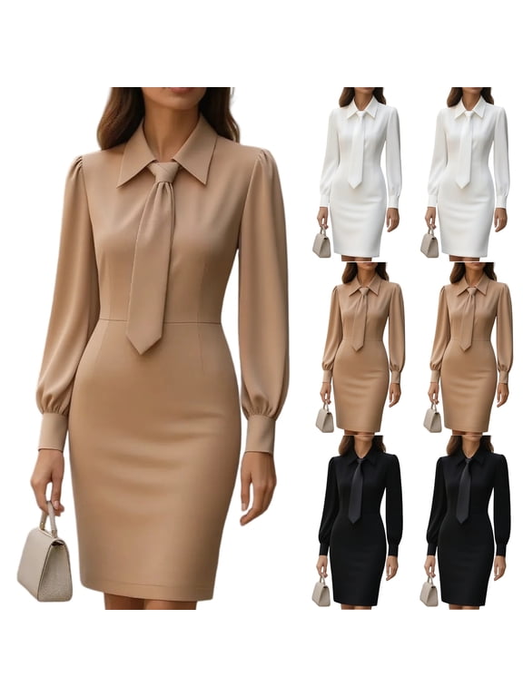 Women's Work Dress Office Dress Long Sleeve Solid Color Waist Defining with Belt Elegant Midi Dress for Commuting Spring Fall,Black,M
