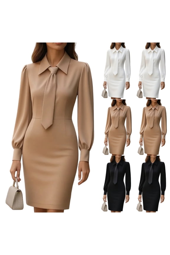 Women's Work Dress Office Dress Long Sleeve Solid Color Waist Defining with Belt Elegant Midi Dress for Commuting Spring Fall,Khaki,2XL